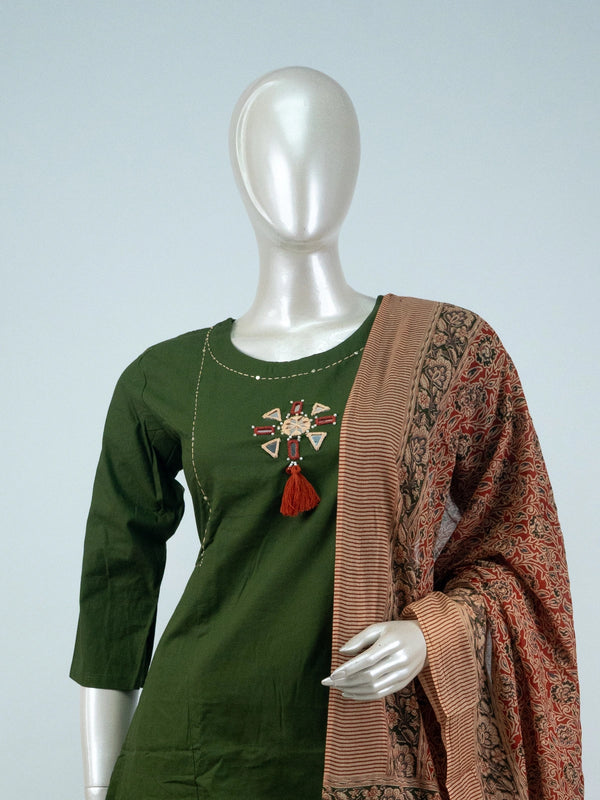 Mehendi green cotton mirror work Anarkali kurti set with rust printed dupatta and matching pants