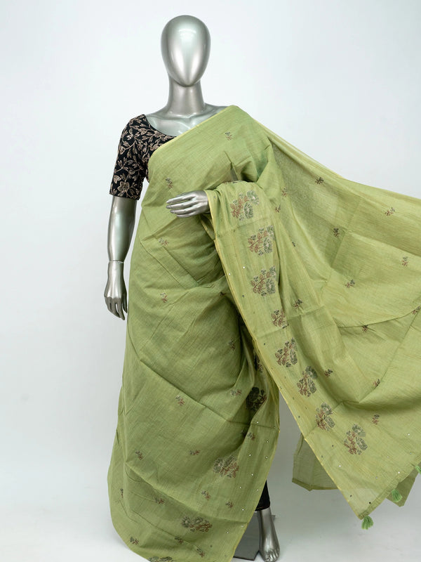 Mehndi green linen cotton saree with floral embroidery and tasselled pallu