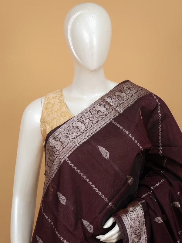 Wine silk cotton saree with silver zari buttas and contrast peacock-motif border