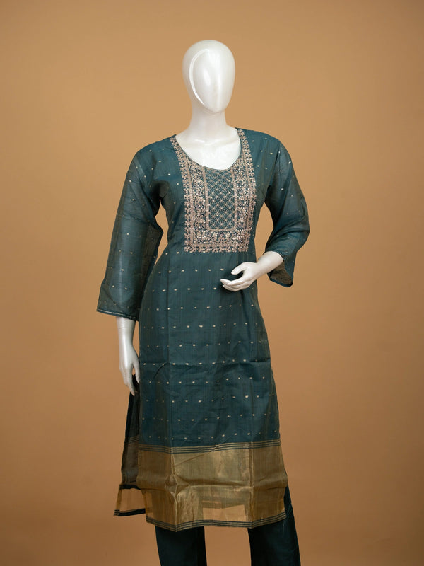 Teal Green Chanderi Silk zari embroidered straight cut kurti set with gold tissue dupatta
