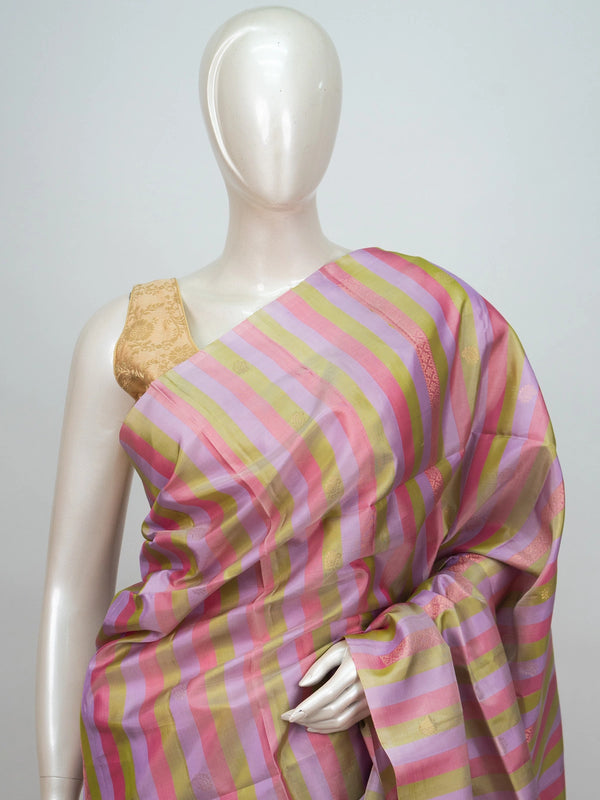 Multicoloured striped soft silk saree with gold zari buttas and contrast orange-red zari border and pallu