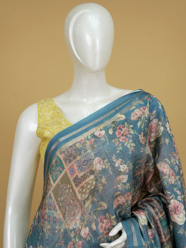 Steel blue designer saree with pink vintage floral print and zari border