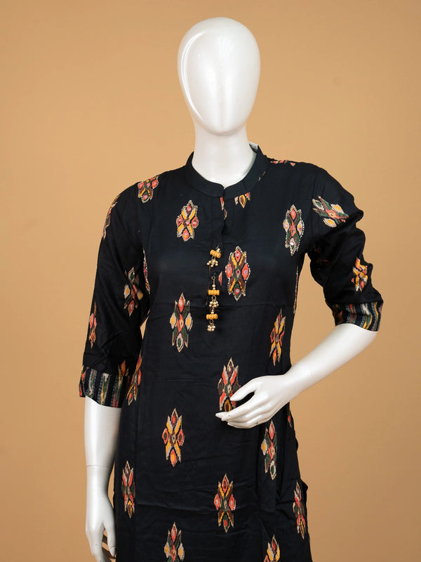 Black ikat print cotton co-ord kurti set with mirror work and matching printed pants