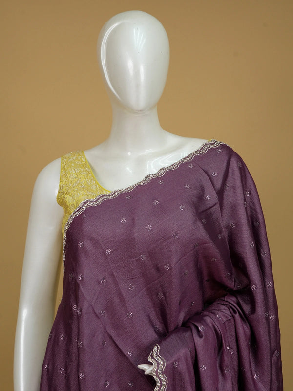 Wine purple designer saree with scattered stone buttas and scalloped silver stone border