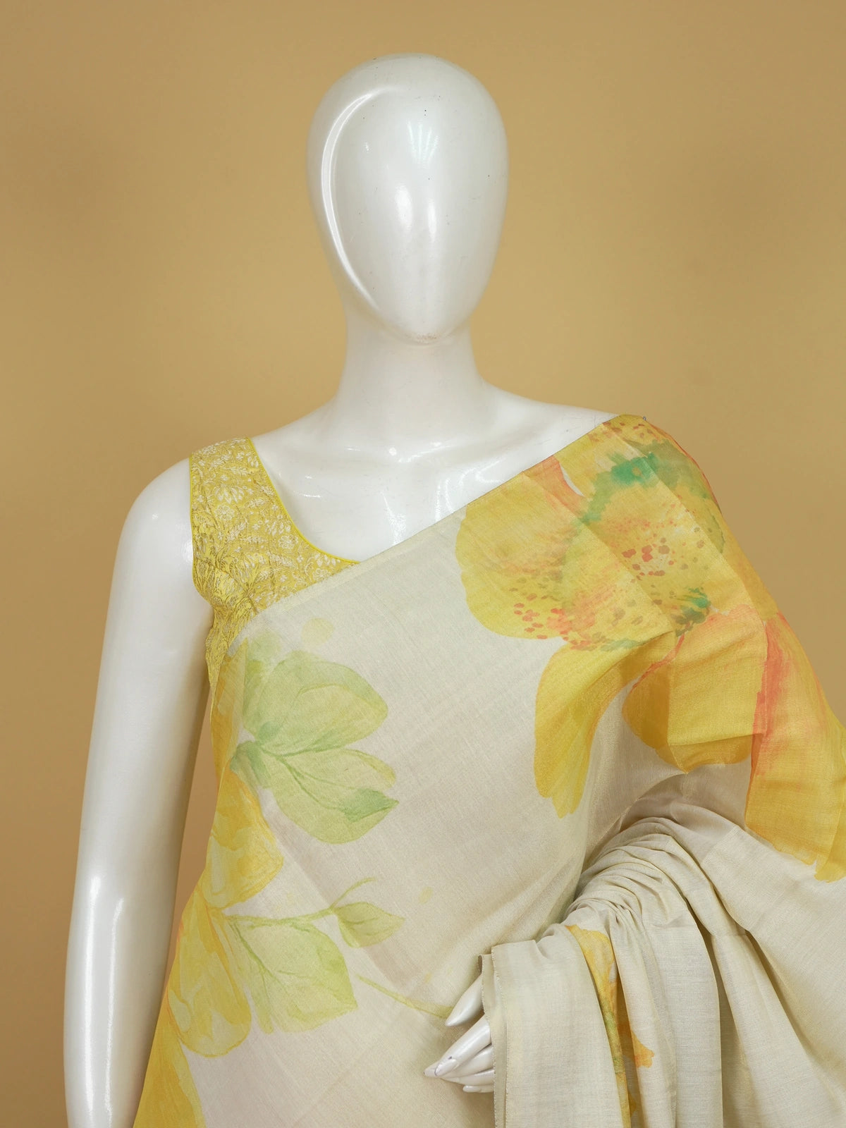 Cream linen cotton saree with yellow watercolour floral print and matching blouse