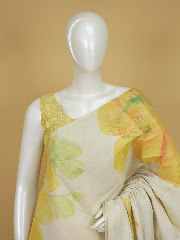 Cream linen cotton saree with yellow watercolour floral print and matching blouse