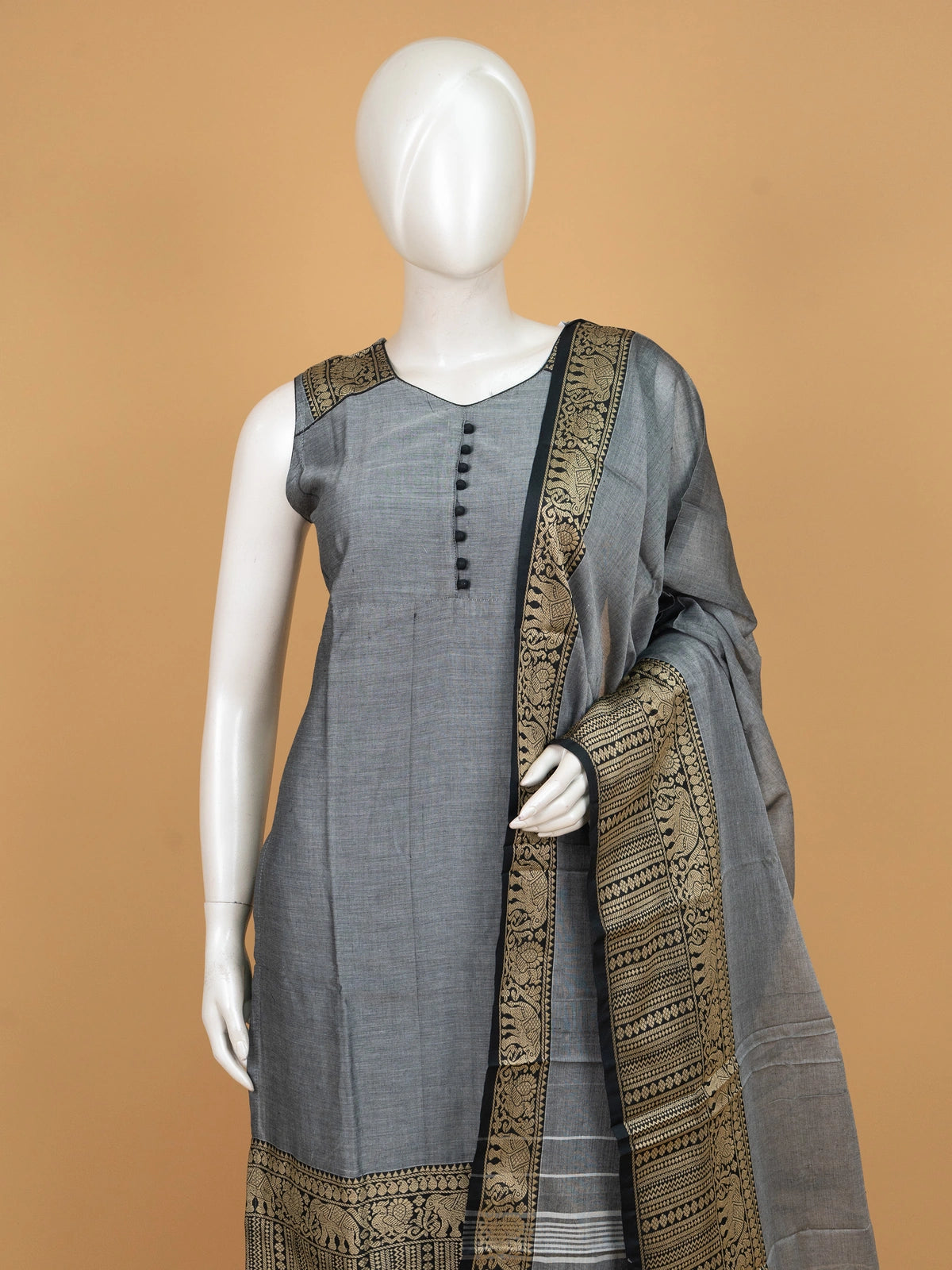 Grey cotton straight cut kurti set with black-gold woven elephant motif border and matching dupatta