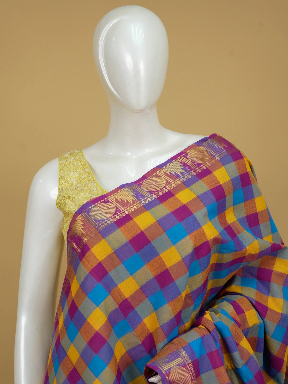 Multicolour checked Chettinad cotton saree with contrast magenta gold zari border