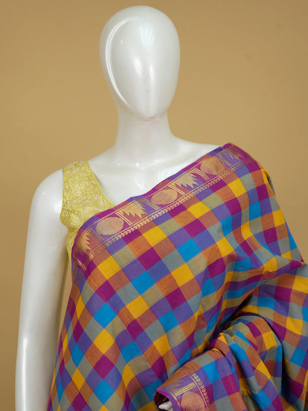 Multicolour checked Chettinad cotton saree with contrast magenta gold zari border