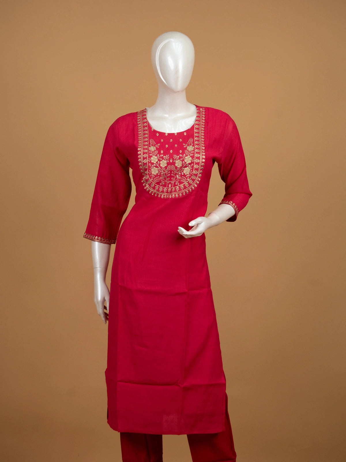 Rani Pink zari embroidered straight cut kurti set with pants and woven dupatta