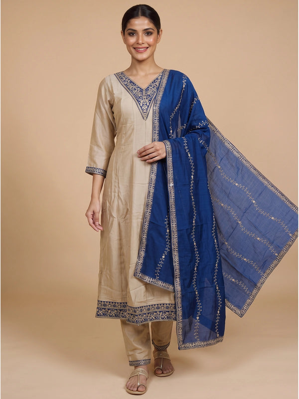 Beige straight-cut kurti set with zari embroidery and royal blue embroidered dupatta and straight pants