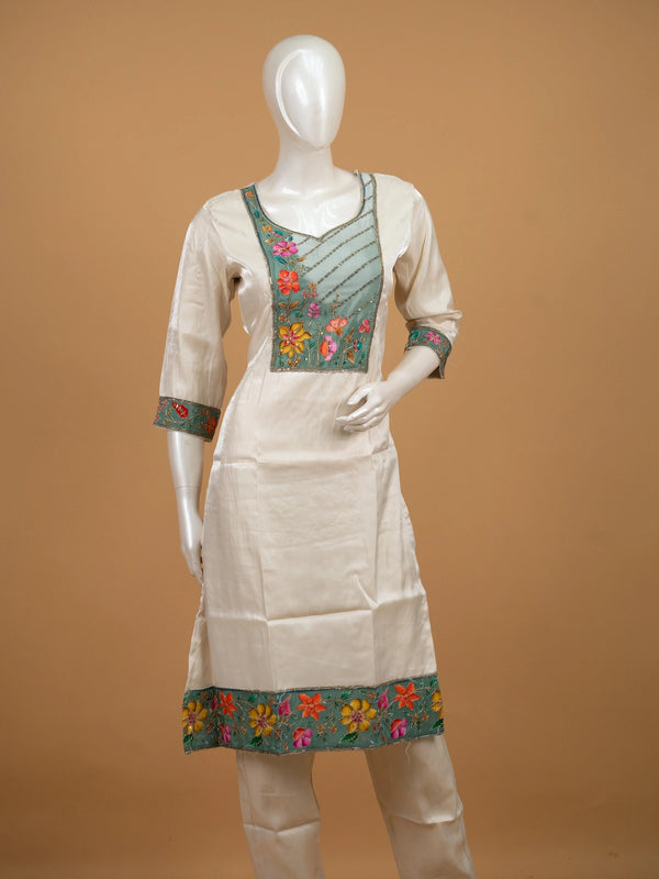 Off-White silk blend straight cut kurti set with sage green floral hand-painted embroidered yoke and matching dupatta