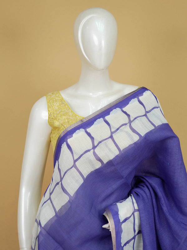 Violet linen cotton saree with white batik square-grid border and spiral motifs