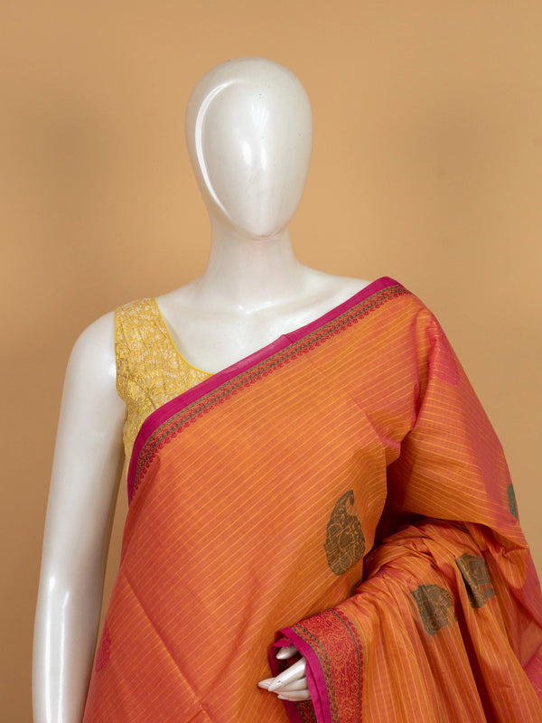 Orange and pink semi raw silk saree with paisley and elephant motifs and contrast woven border