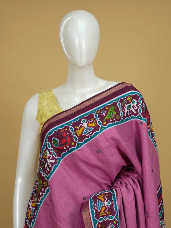 Mauve pink linen cotton saree with contrast maroon patola-print border, mirror work and multicolour ikat pallu