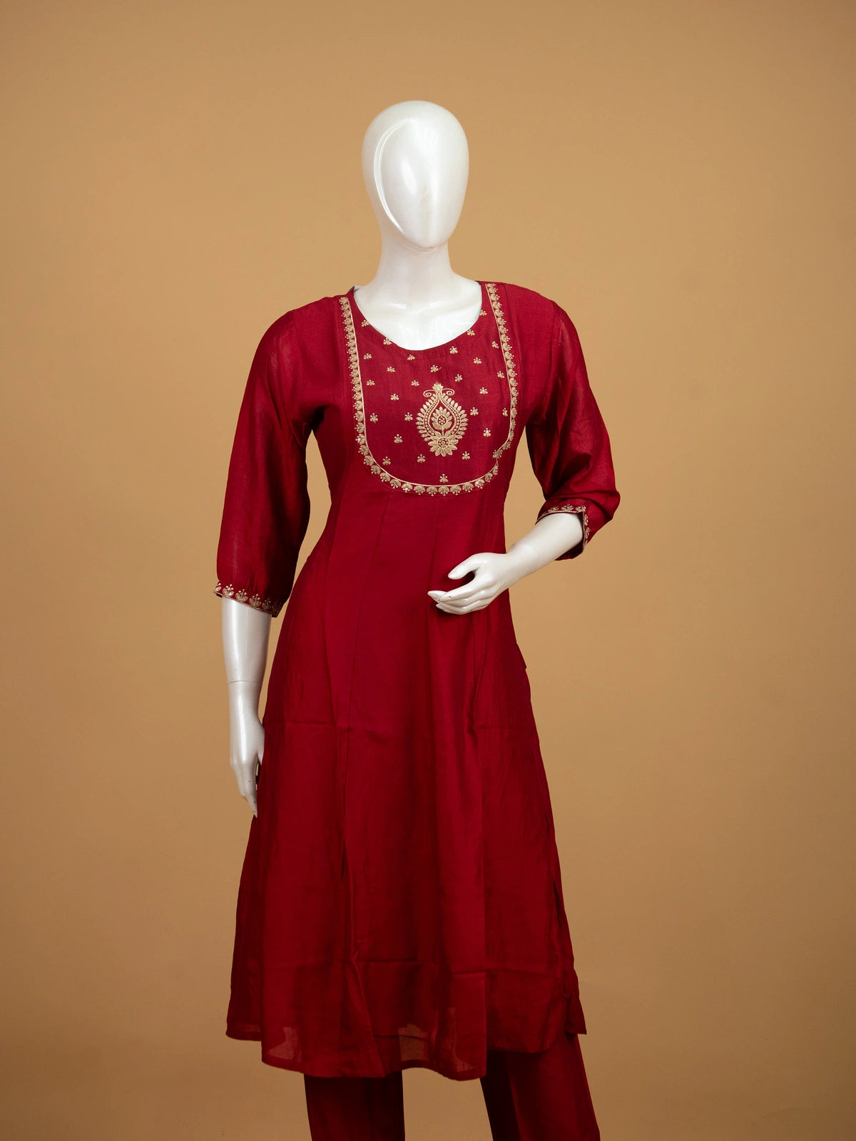 Red art silk zari embroidered Anarkali kurti set with matching pants and dupatta