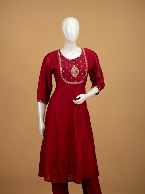 Red art silk zari embroidered Anarkali kurti set with matching pants and dupatta
