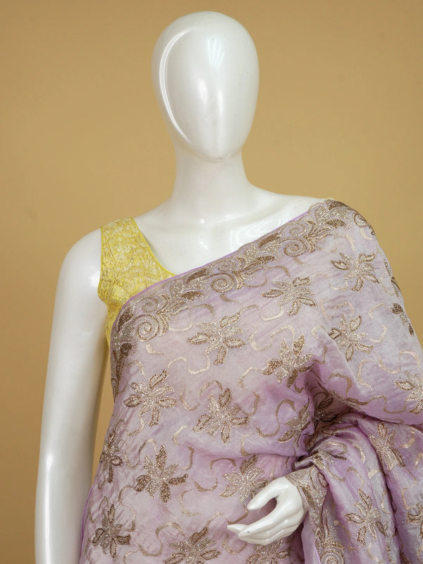 Lavender organza designer saree with gold floral zari and sequin embroidery and scrolled border