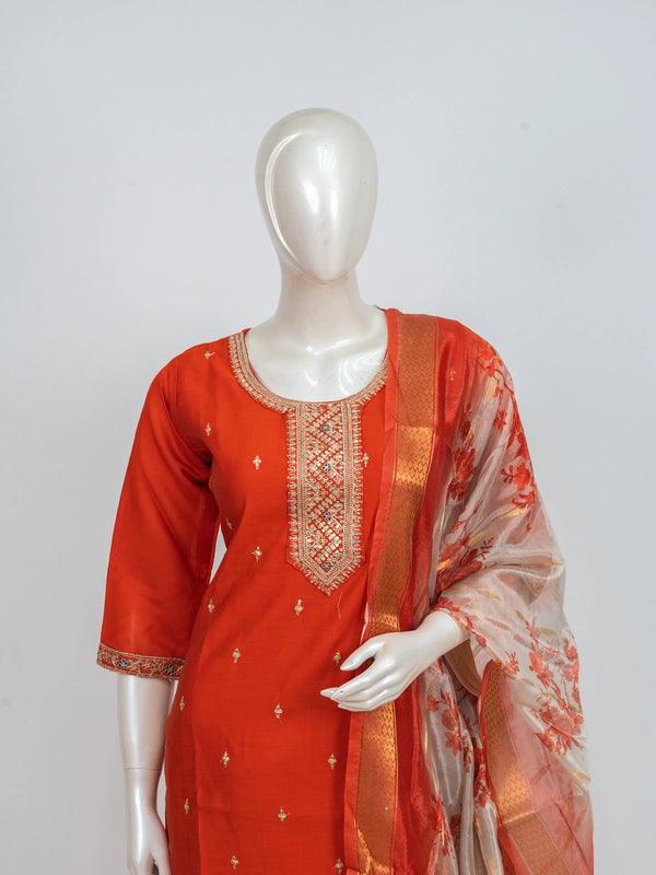 Orange silk blend zari embroidered straight cut kurti set with floral dupatta