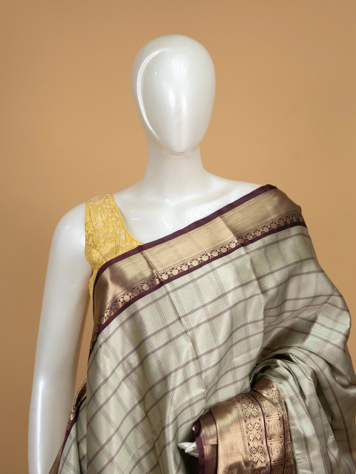 Sage grey checked Kanchi semi silk saree with contrast wine border and gold zari pallu
