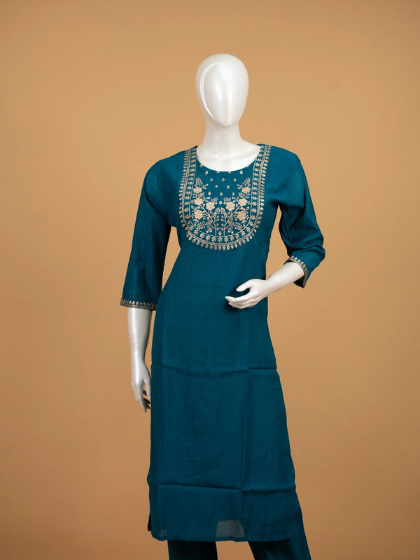 Teal Blue zari embroidered straight cut kurti set with printed dupatta and straight pants