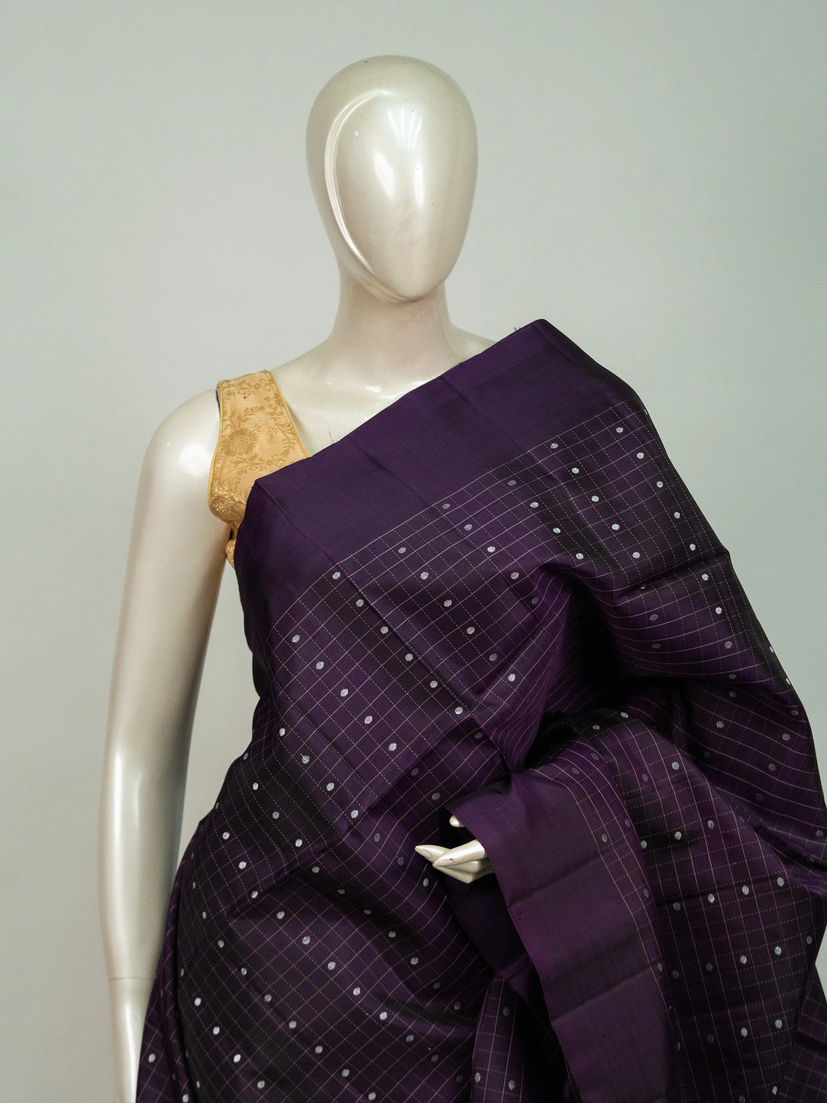 Purple Kanchipuram pure mix saree with checked body, silver buttas and copper zari border and pallu