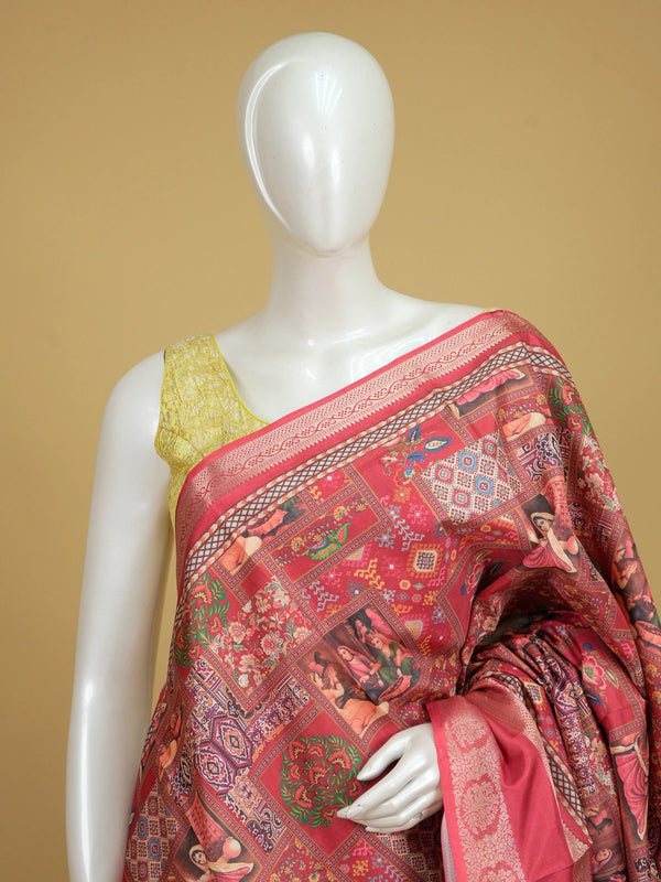 Red multicolour Dola silk saree with miniature painting patchwork print, peacock pallu and zari border