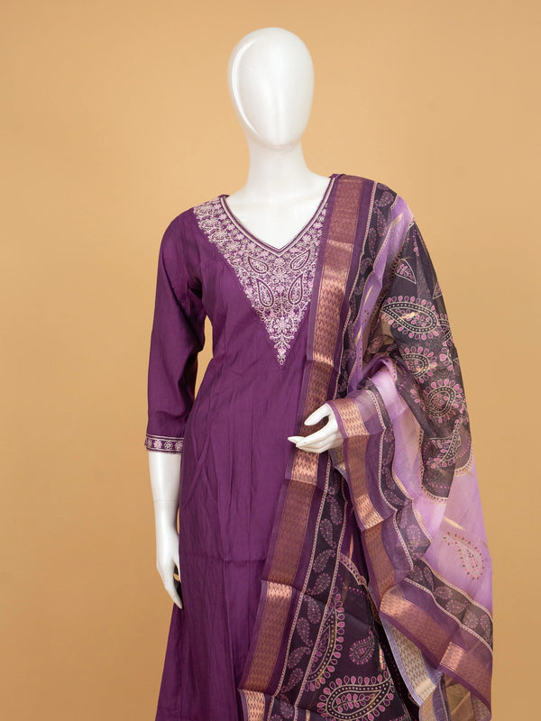 Purple embroidered cotton A-Line kurti set with pants and printed dupatta