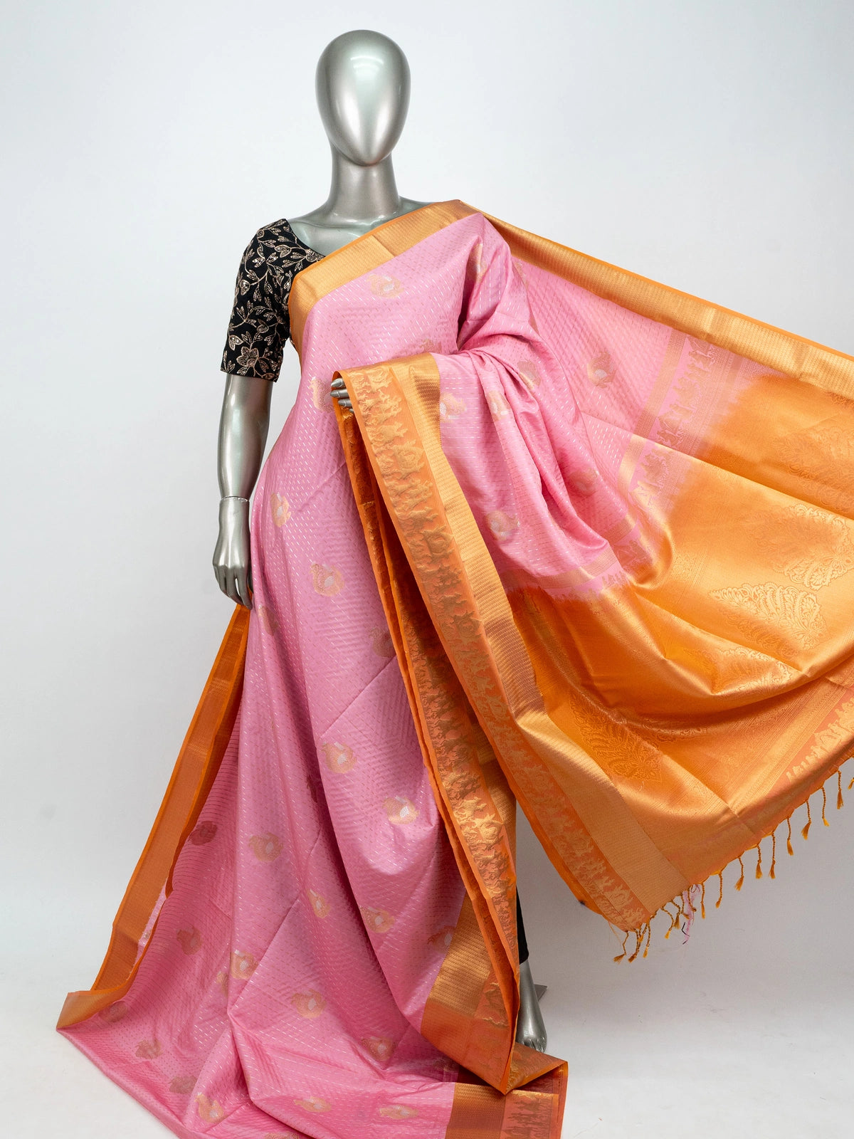 Pink soft silk saree with gold zari buti body and contrast orange zari border and pallu