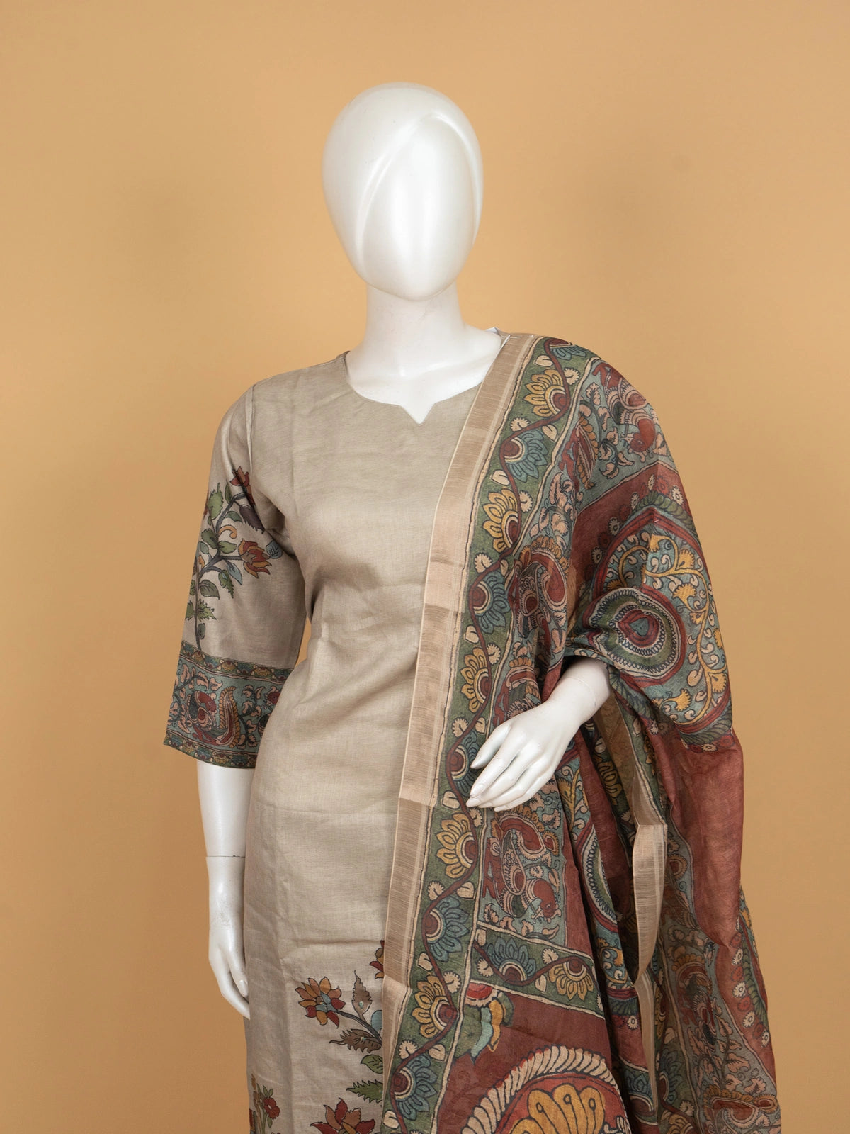 Beige Kalamkari printed cotton straight cut kurti set with multicolour peacock print dupatta