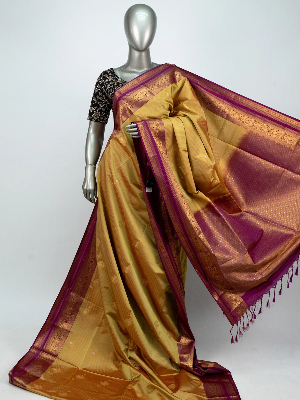 Mustard gold and magenta Vaira Oosi Design semi silk saree with gold zari border and pallu