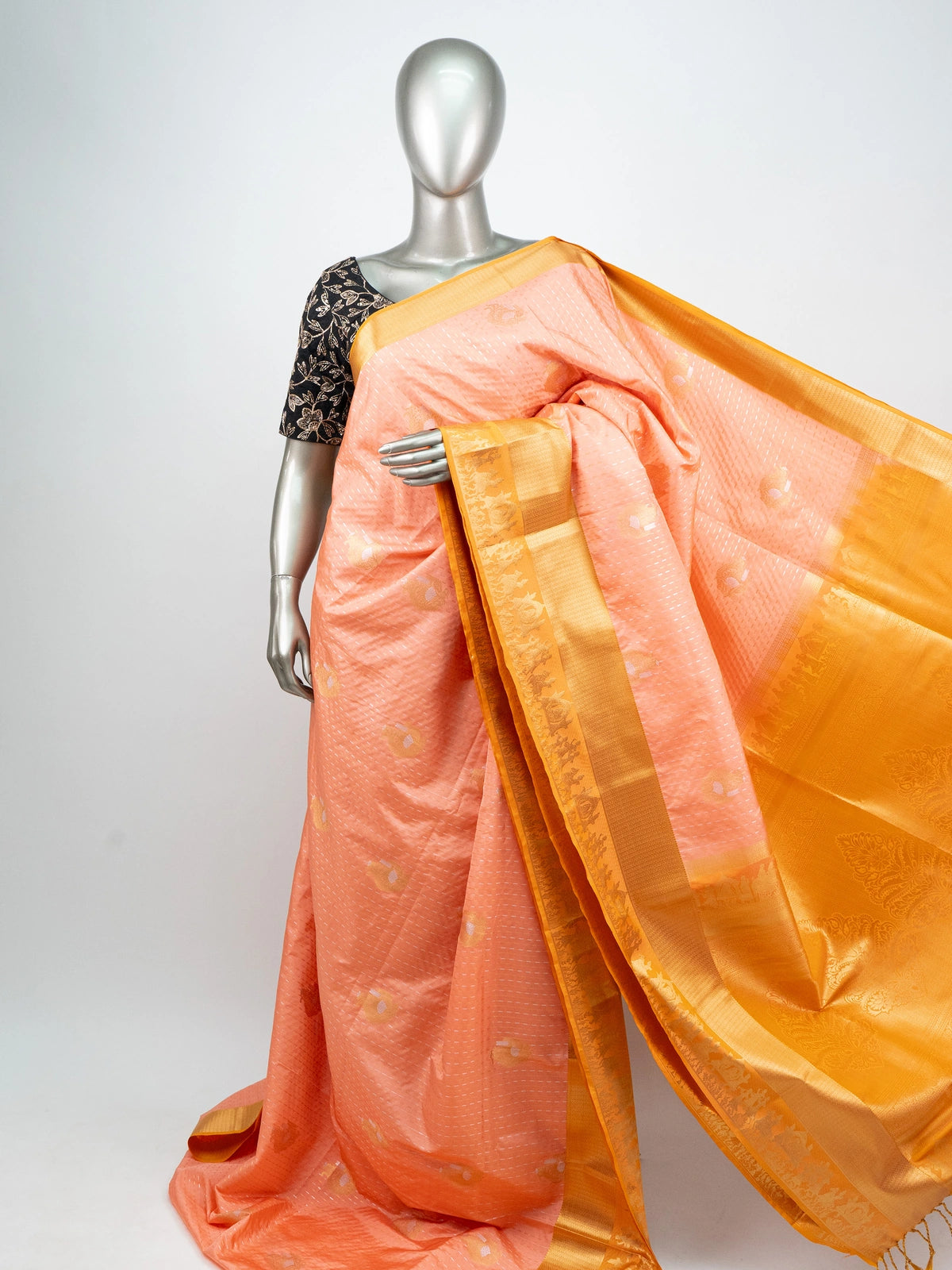 Peach semi silk Vaira Oosi Design saree with mustard-gold contrast zari border and buttas