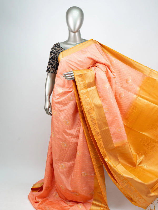 Peach semi silk Vaira Oosi Design saree with mustard-gold contrast zari border and buttas
