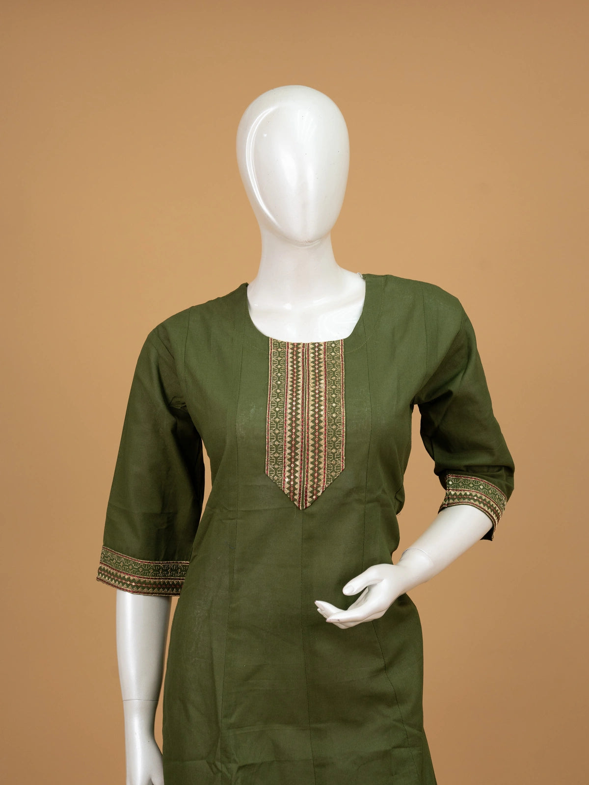 Mehendi green cotton Anarkali kurti top with gold zari embroidered front placket and 3/4th sleeves