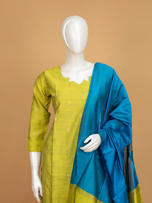 Lime green silk blend straight cut kurti set with zari butis and teal blue dupatta