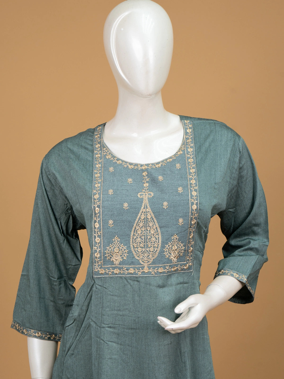Teal gold zari embroidered Anarkali kurti top with 3/4th sleeves