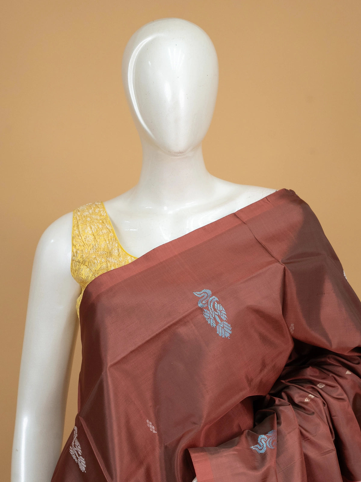 Maroon brown and peach banana silk saree with contrast pallu and woven butti motifs