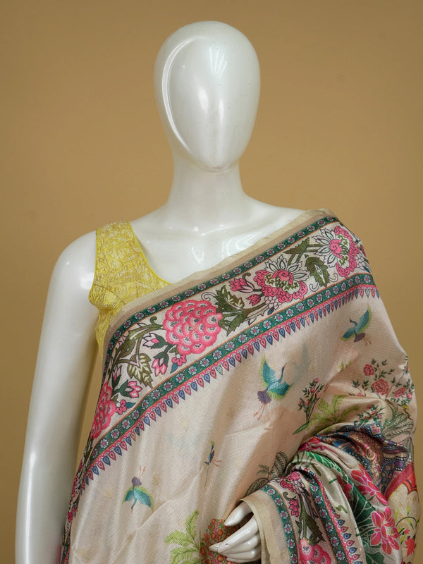 Cream semi tussar saree with multicolour Mughal-garden digital print, peacock and lotus motifs and floral border