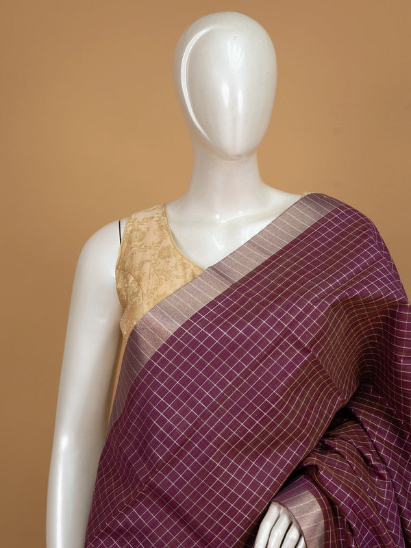 Wine purple checked linen cotton saree with contrast teal pallu and border