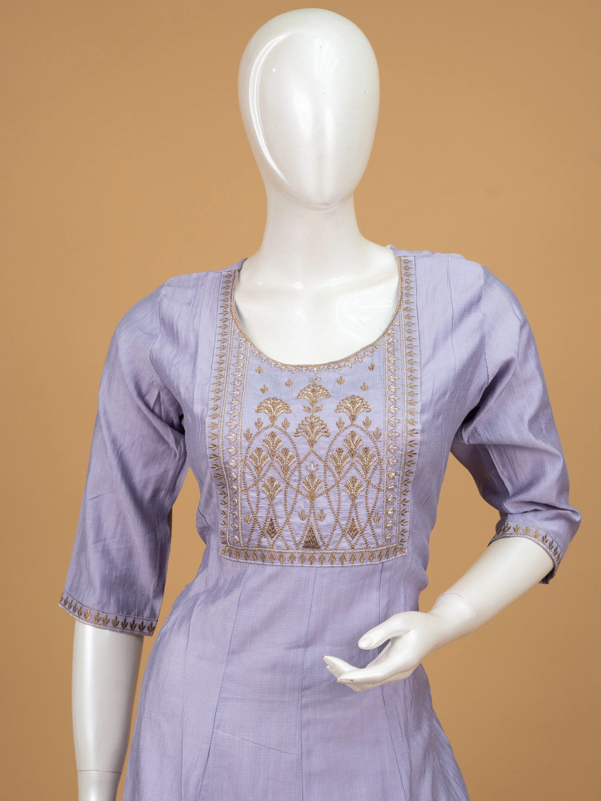 Lavender gold Zari embroidered Anarkali kurti top with round neck and 3/4th sleeves