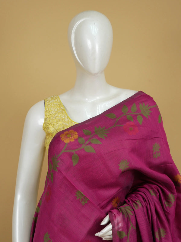Magenta pink linen cotton saree with woven multicolour floral motifs and floral vine pallu