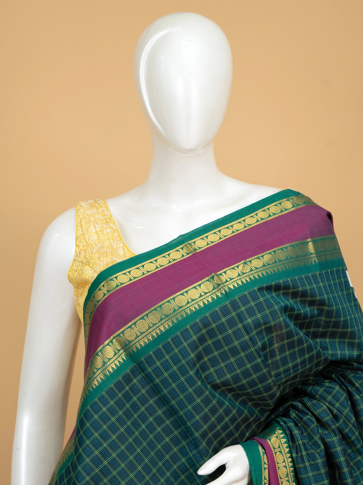 Teal green Chettinad cotton saree with checked body, magenta contrast gold zari border and matching pallu