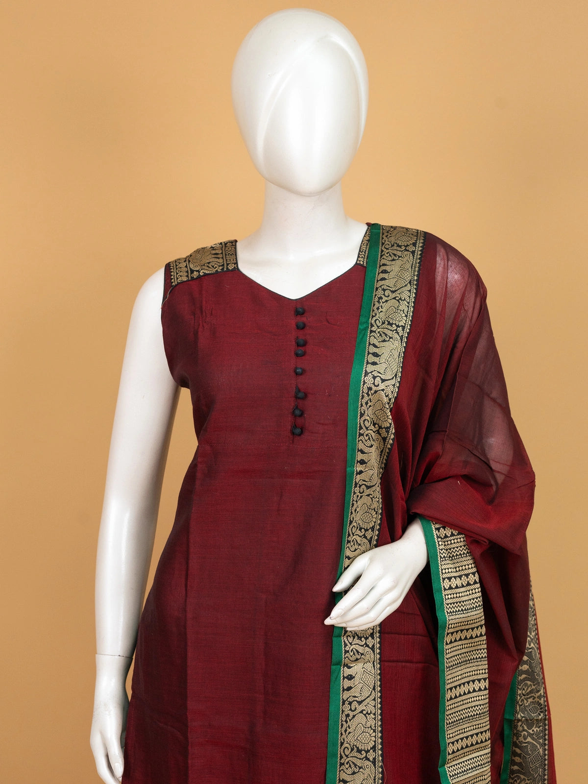 Maroon cotton silk straight cut kurti set with gold zari elephant border and dupatta