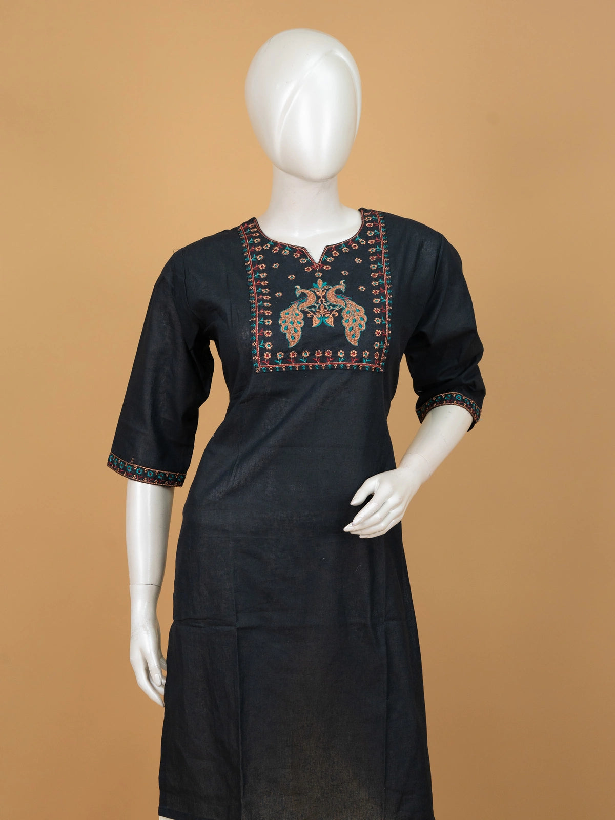 Black cotton Anarkali kurti top with multicolour peacock thread embroidery on the yoke and 3/4th sleeves
