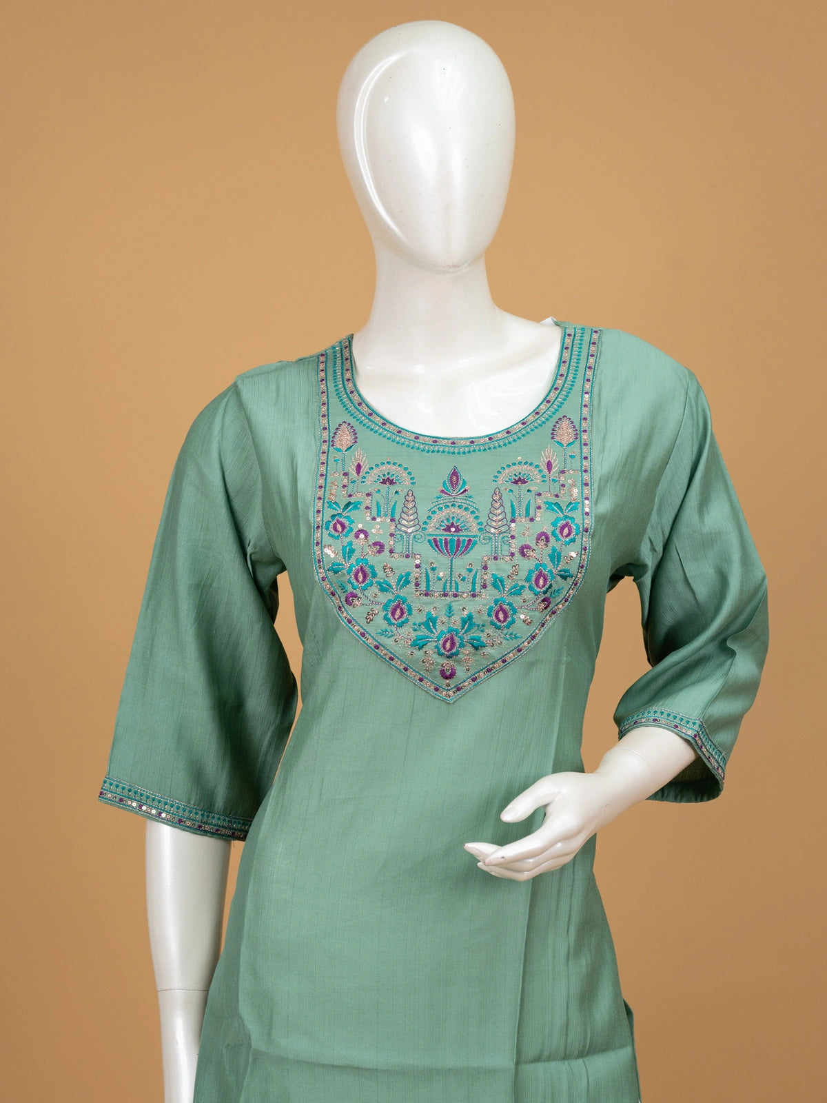 Sea Green embroidered yoke straight cut kurti top with 3/4th sleeves