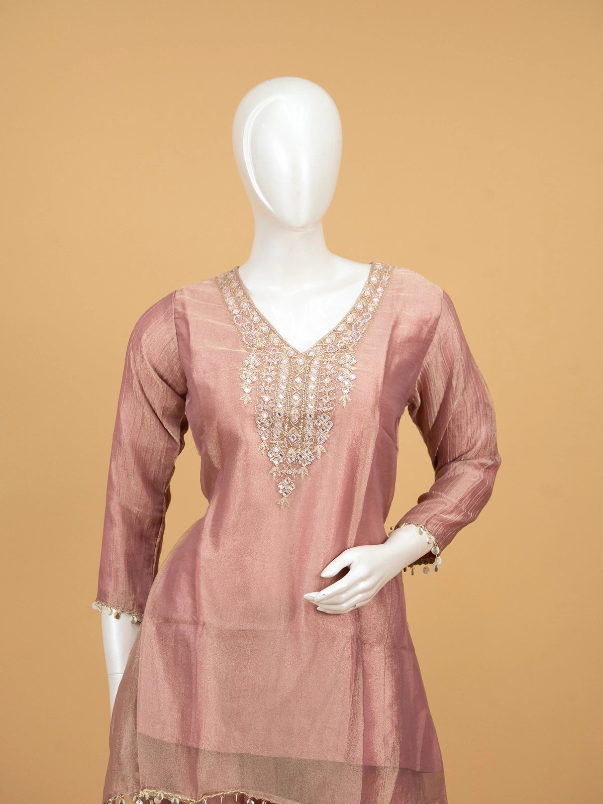 Dusty rose tissue silk co-ord set with embellished V-neck kurti and flared palazzo pants