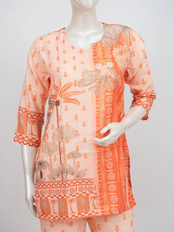 Peach and orange cotton tropical palm print co-ord set with short kurti and wide-leg pants