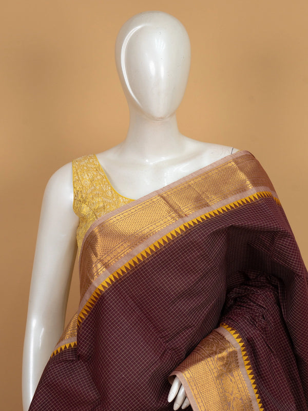 Maroon Chettinad cotton saree with gold zari temple border and contrast yellow blouse