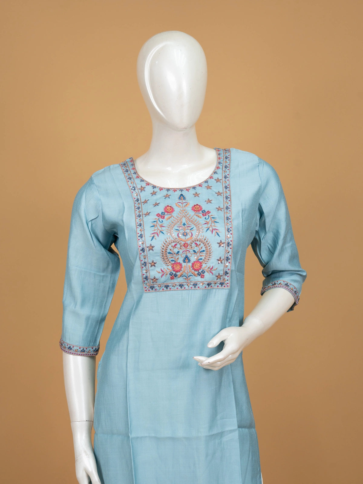 Sky Blue floral embroidered cotton silk straight cut kurti top