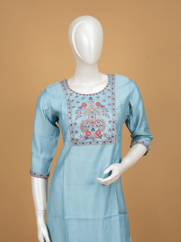 Sky Blue floral embroidered cotton silk straight cut kurti top